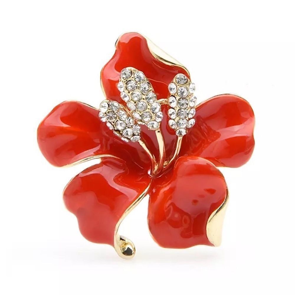 💎249💎 Fancy Enamelled Brooch /Pin Pendant Lily Flower Rhinestone - Red Gold